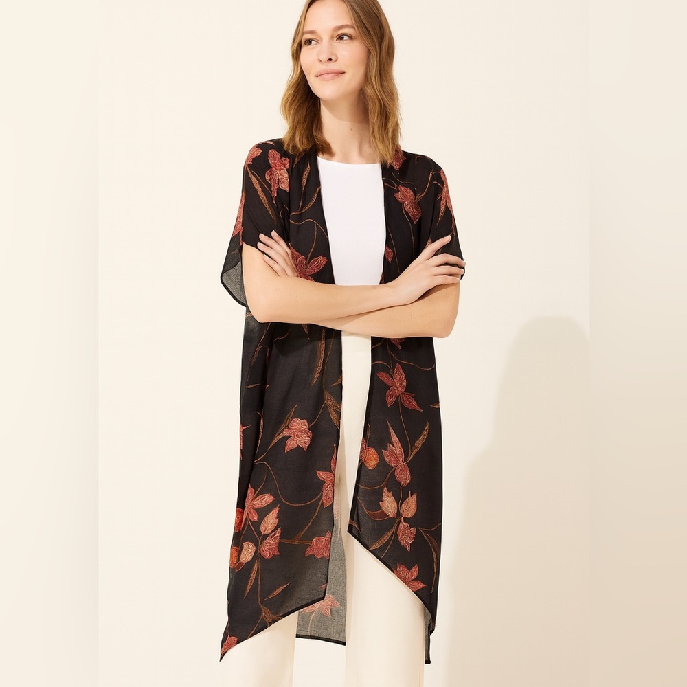 LOFT Black Sheer Floral Kimono Cardigan – M/L – Boho Lightweight Layering Piece